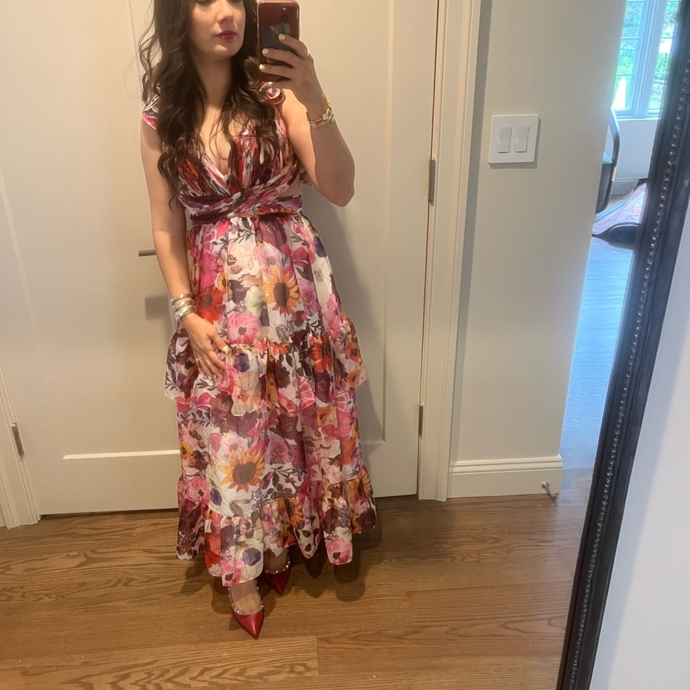 Mac Duggal Ruffle Tiered Cut-Out Floral Chiffon Dress